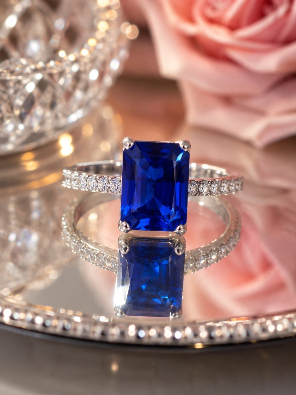 925 Sterling Silver 5CT Blue Moissanite Ring with Zirconia